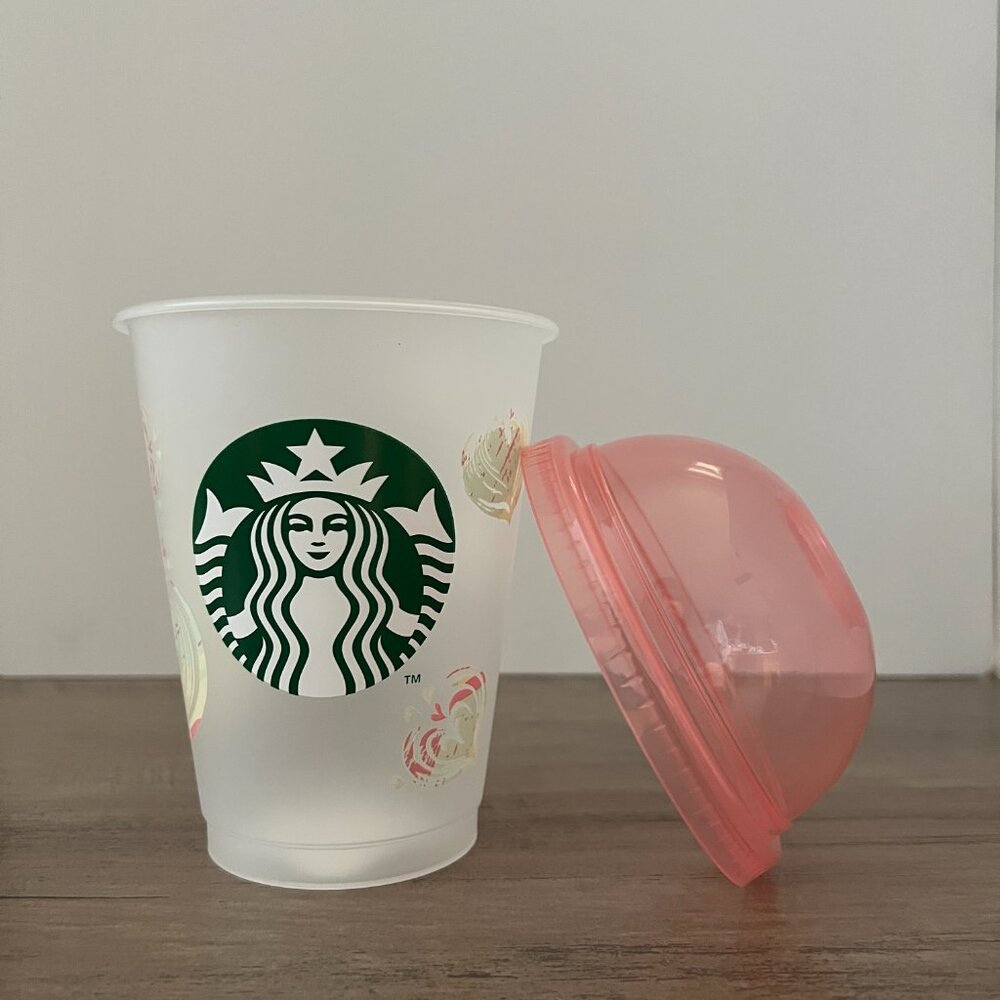 Starbucks Japan Pink Dome Lid Reusable Plastic Cold Cup - Marbled Hearts - Picture 3 of 8